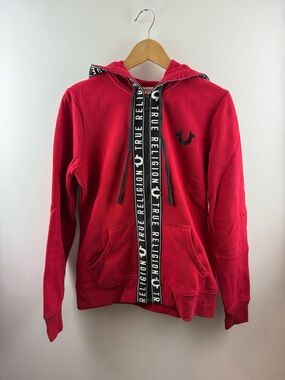 True Religion Women’s Red Logo Tape Zip Hoodie Large Y2K Streetwear